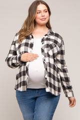 Cream Checkered Maternity Plus Long Sleeve Button Down Top