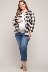 Cream Checkered Maternity Plus Long Sleeve Button Down Top