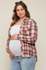 Burgundy Flannel Plaid Button Up Maternity Top