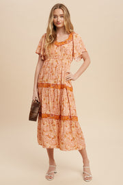 Rust Border Print Tiered Midi Dress