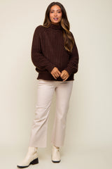 Brown Chunky Knit Mock Neck Maternity Sweater