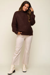 Brown Chunky Knit Mock Neck Maternity Sweater