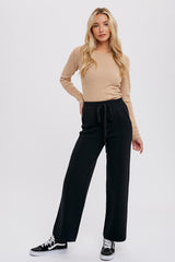 Black Front Seam Sweater Knit Drawstring Pants