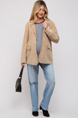 Beige Denim Front Pocket Maternity Blazer