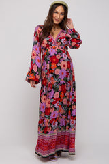 Black Floral Long Sleeve Tiered Maternity Maxi Dress