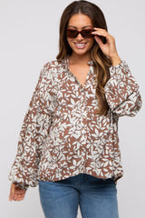 Mocha Leaf Print Button Up Maternity Top