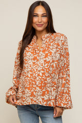 Orange Leaf Print Button Up Maternity Top