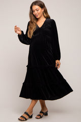 Black Velvet Smocked Maternity Midi Dress