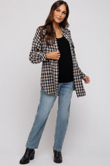 Navy Mixed Plaid Fringe Maternity Button Down Top