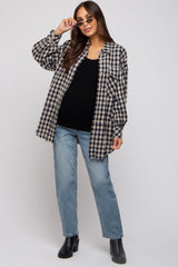 Navy Mixed Plaid Fringe Maternity Button Down Top