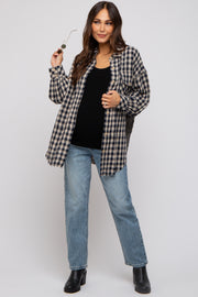 Navy Mixed Plaid Fringe Maternity Button Down Top