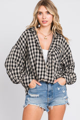 Navy Mixed Plaid Fringe Maternity Button Down Top