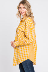 Yellow Mixed Plaid Fringe Button Down Top