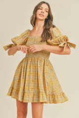 Gold Plaid Plaid Smocked Mini Dress