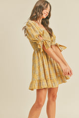 Gold Plaid Plaid Smocked Mini Dress