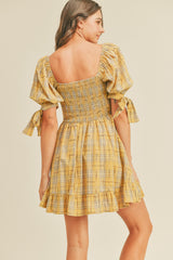 Gold Plaid Plaid Smocked Mini Dress