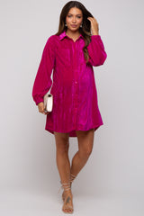 Magenta Velour Button Up Maternity Dress