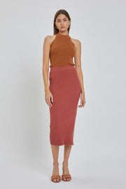 Mauve Ribbed Fitted Side Slit Midi Skirt