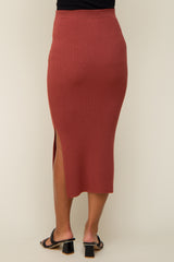 Mauve Ribbed Fitted Side Slit Maternity Midi Skirt