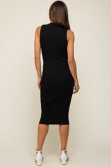 Black Ribbed Fitted Mock Neck Maternity Dress