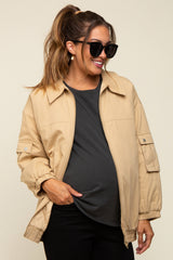 Camel Zip Up Bomber Maternity Jacket