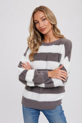 Grey Fuzzy Soft Striped Sweater