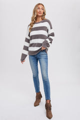 Grey Fuzzy Soft Striped Sweater