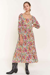 Multicolor Floral Watercolor Print Midi Dress