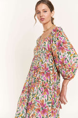 Multicolor Floral Watercolor Print Midi Dress