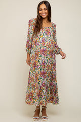 Multicolor Floral Watercolor Print Maternity Midi Dress