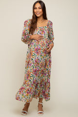 Multicolor Floral Watercolor Print Maternity Midi Dress