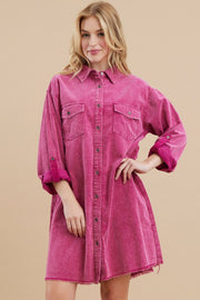 Magenta Corduroy Button Front Fringe Hem Dress