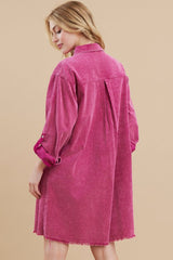 Magenta Corduroy Button Front Fringe Hem Dress