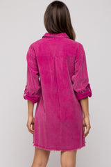 Magenta Corduroy Button Front Fringe Hem Maternity Dress