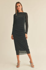 Black Shimmer Mesh Long Sleeve Ruched Maternity Midi Dress