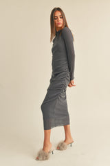 Charcoal Shimmer Mesh Long Sleeve Ruched  Midi Dress