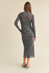 Charcoal Shimmer Mesh Long Sleeve Ruched  Midi Dress