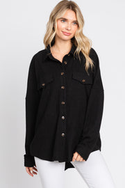 Black Textured Button Front Collared Top