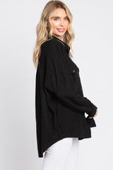 Black Textured Button Front Collared Top