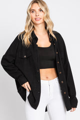 Black Textured Button Front Collared Top