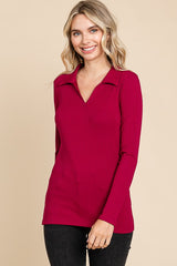 Magenta Ribbed Collared Long Sleeve Maternity Top