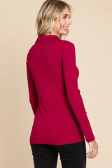 Magenta Ribbed Collared Long Sleeve Top