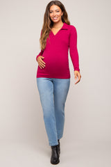 Magenta Ribbed Collared Long Sleeve Maternity Top