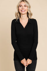 Black Ribbed Collared Long Sleeve Top