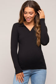 Black Ribbed Collared Long Sleeve Maternity Top