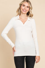 Cream Ribbed Collared Long Sleeve Maternity Top