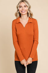 Rust Ribbed Collared Long Sleeve Maternity Top