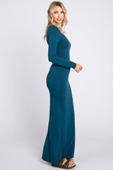 Dark Teal Solid Long Sleeve Scoop Neck Maxi Dress