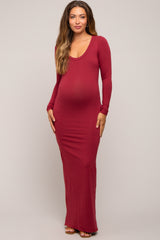 Burgundy Solid Long Sleeve Scoop Neck Maternity Maxi Dress