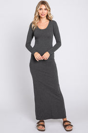 Charcoal Solid Long Sleeve Scoop Neck Maxi Dress